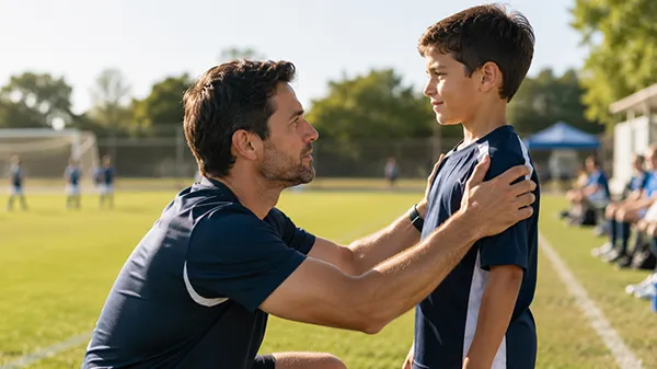 Coach reassuring a young player before a game